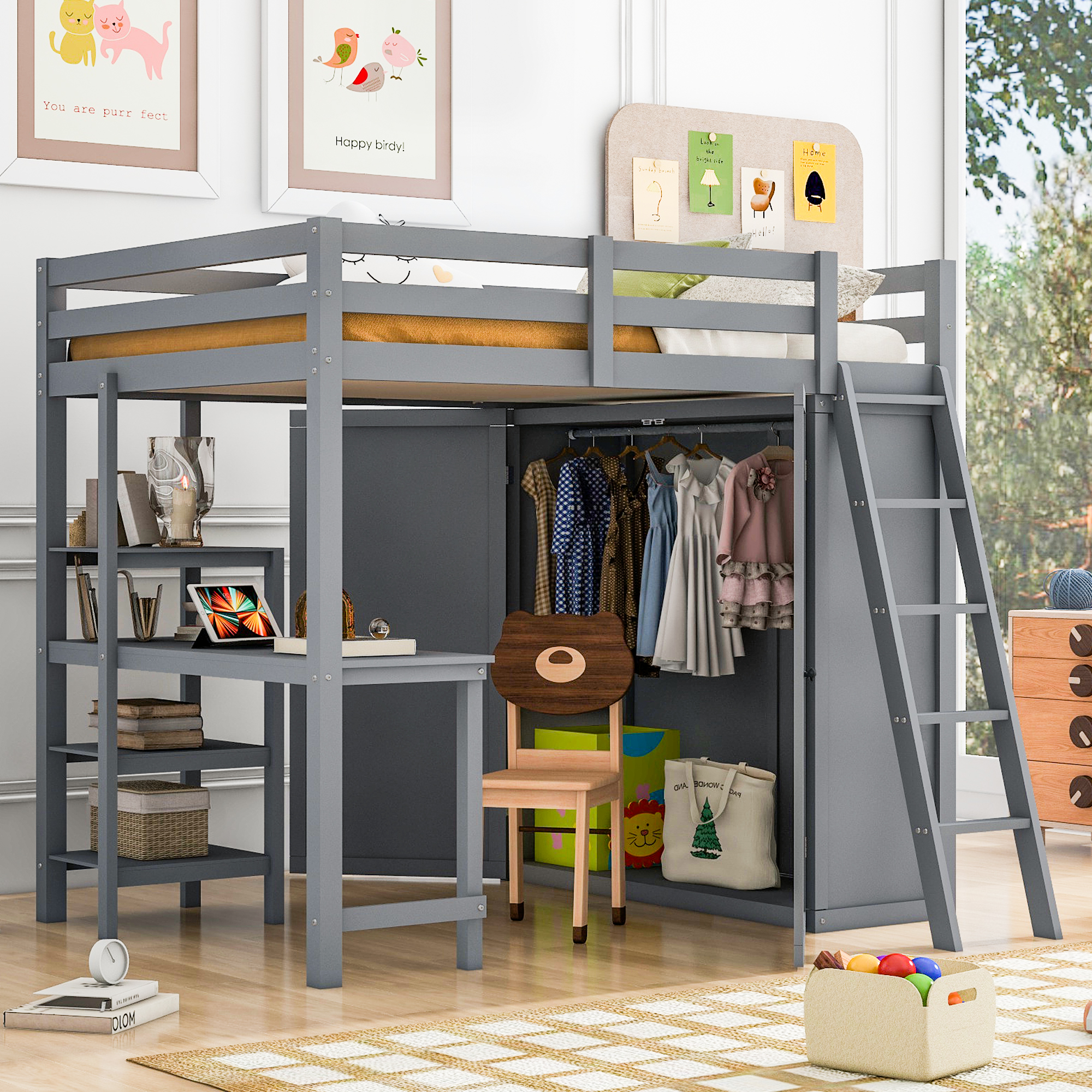 Bellemave Full Loft Bed with Built-in Desk and Wardrobe Space Saving Full Wooden Loft Bed with Storage Shelves for Kids, Teens, Junior Loft Bed Frame with Guardrail and Ladder, Gray